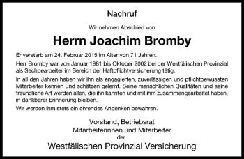 Anzeige von Joachim Bromby von Westfälische Nachrichten