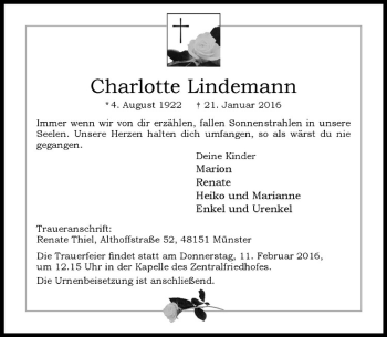 Anzeige von Charlotte Lindemann von Westfälische Nachrichten