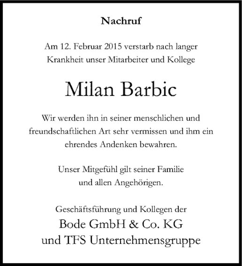  Traueranzeige für Milan Barbic vom 19.02.2015 aus Westfälische Nachrichten