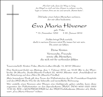 Anzeige von Eva Maria Hövener von Westfälische Nachrichten