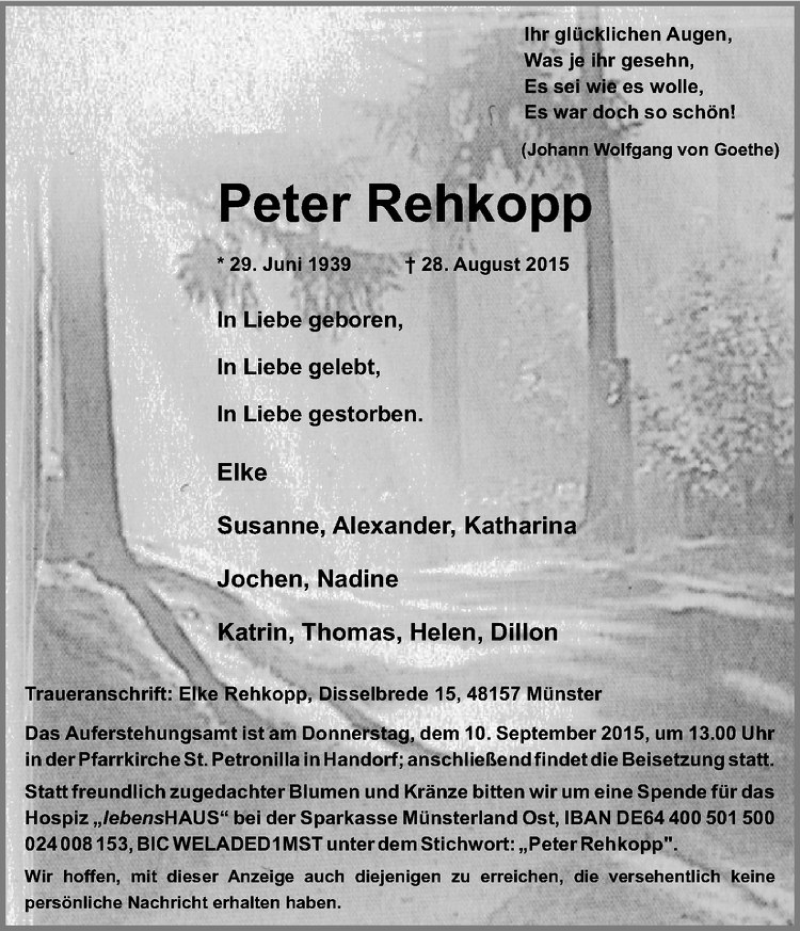  Traueranzeige für Peter Rehkopp vom 05.09.2015 aus Westfälische Nachrichten