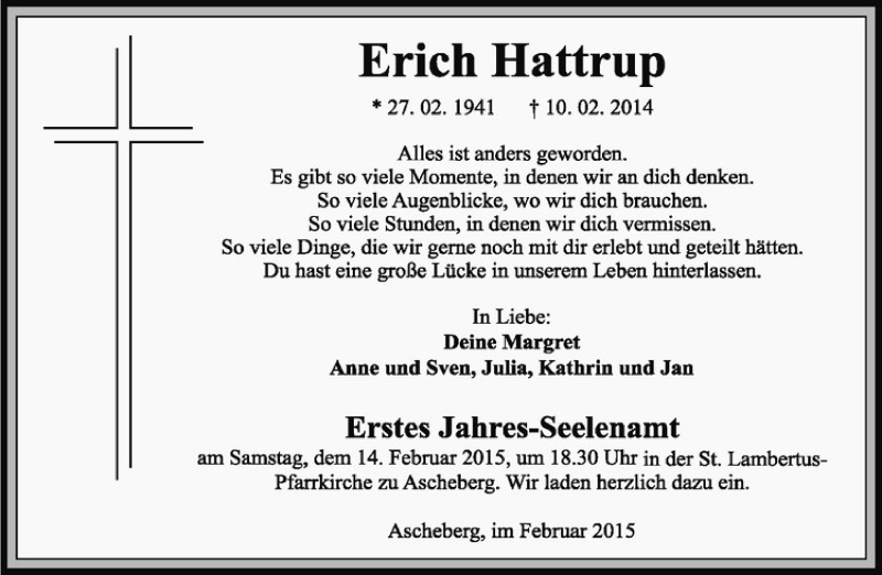  Traueranzeige für Erich Harttrup vom 07.02.2015 aus Westfälische Nachrichten