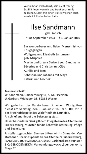 Anzeige von Ilse Sandmann von Westfälische Nachrichten