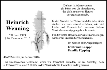 Anzeige von Heinrich Wenning von Westfälische Nachrichten