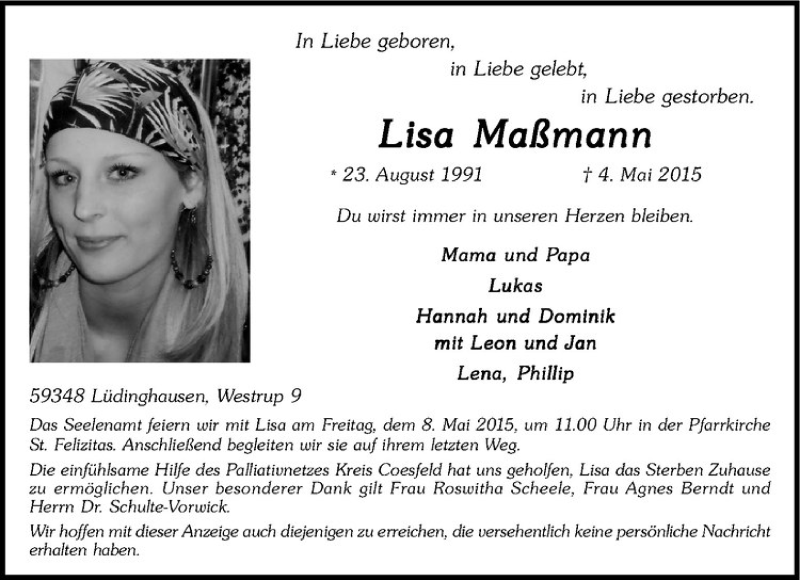  Traueranzeige für Lisa Maßmann vom 06.05.2015 aus Westfälische Nachrichten