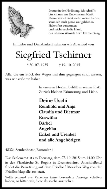 Anzeige von Siegfried Tschirner von Westfälische Nachrichten