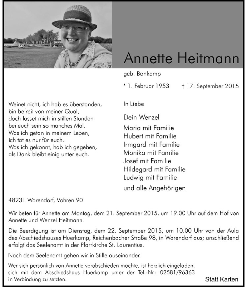  Traueranzeige für Annette Heitmann vom 19.09.2015 aus Westfälische Nachrichten