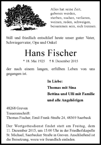 Anzeige von Hans Fischer von Westfälische Nachrichten