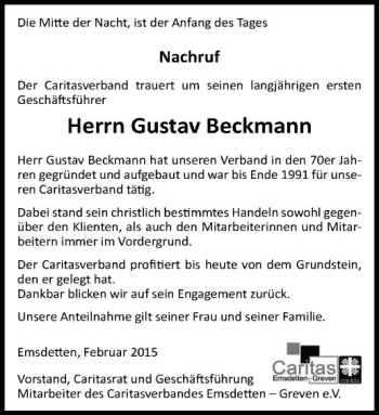 Anzeige von Gustav Beckmann von Westfälische Nachrichten