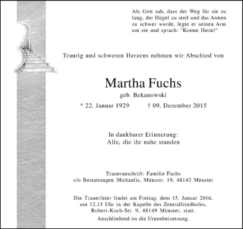 Anzeige von Martha Fuchs von Westfälische Nachrichten