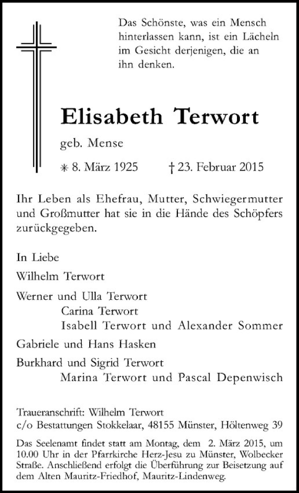  Traueranzeige für Elisabeth Terwort vom 26.02.2015 aus Westfälische Nachrichten