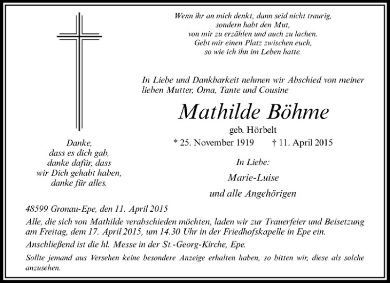  Traueranzeige für Mathilde Böhme vom 14.04.2015 aus Westfälische Nachrichten