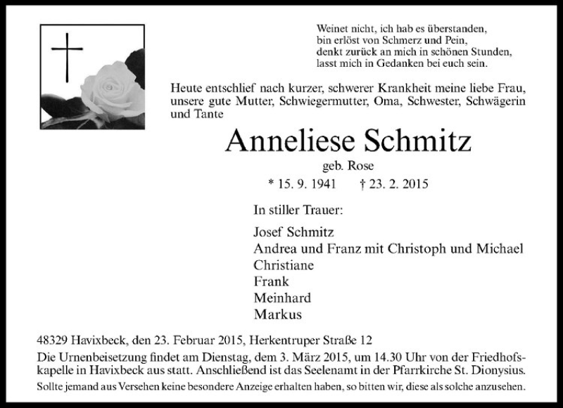  Traueranzeige für Anneliese Schmitz vom 25.02.2015 aus Westfälische Nachrichten
