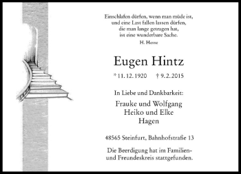 Anzeige von Eugen Hintz von Westfälische Nachrichten