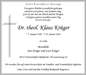 Anzeige von Klaus Krüger von Westfälische Nachrichten