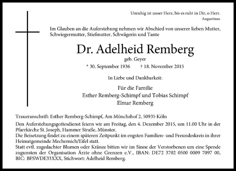  Traueranzeige für Adelheid Remberg vom 28.11.2015 aus Westfälische Nachrichten