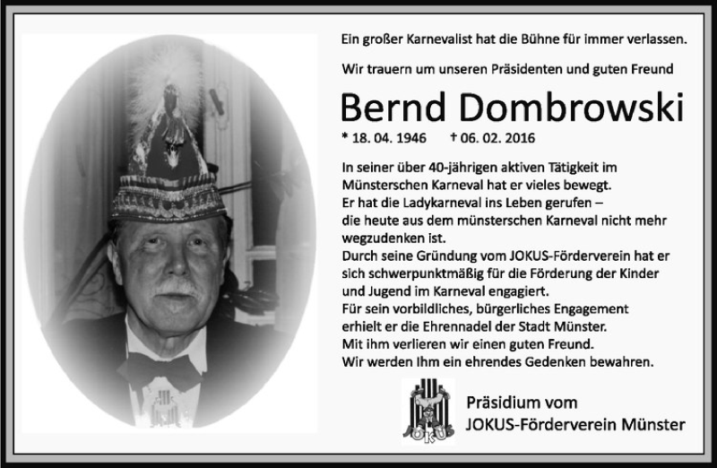  Traueranzeige für Bernd Dombrowski vom 10.02.2016 aus Westfälische Nachrichten