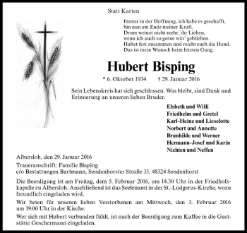 Anzeige von Hubert Bisping von Westfälische Nachrichten