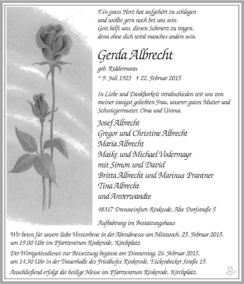 Anzeige von Gerda Albrecht von Westfälische Nachrichten