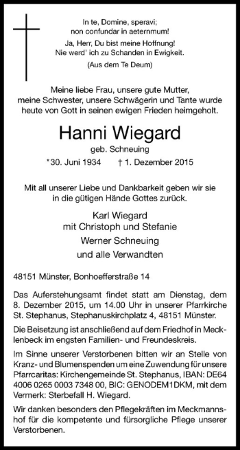 Anzeige von Hanni Wiegard von Westfälische Nachrichten