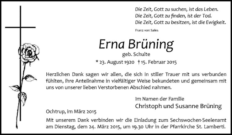  Traueranzeige für Erna Brüning vom 21.03.2015 aus Westfälische Nachrichten