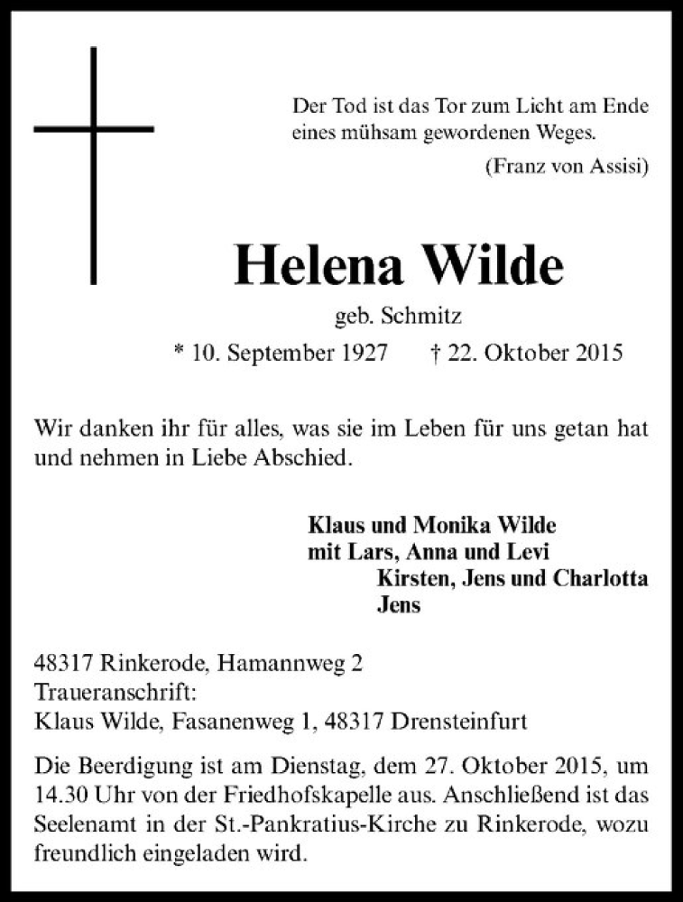  Traueranzeige für Helena Wilde vom 24.10.2015 aus Westfälische Nachrichten