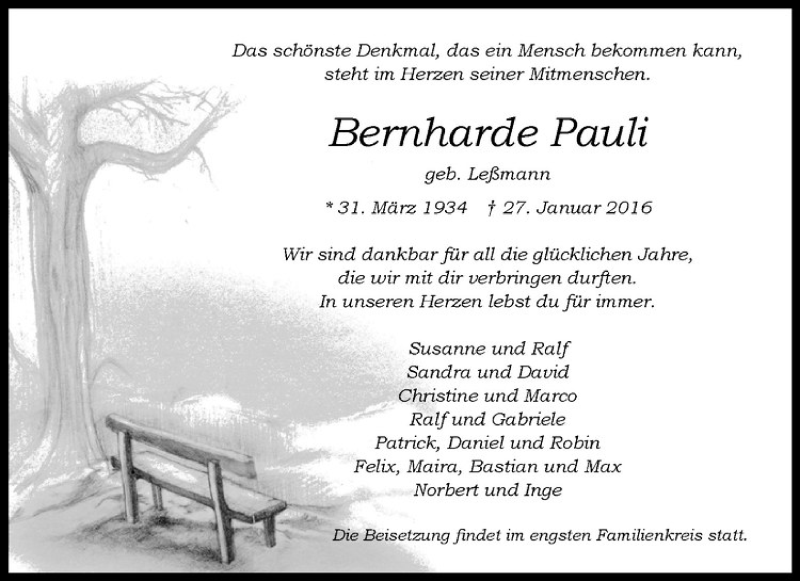  Traueranzeige für Bernharde Pauli vom 30.01.2016 aus Westfälische Nachrichten