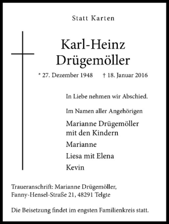 Anzeige von Karl-Heinz Drügemöller von Westfälische Nachrichten