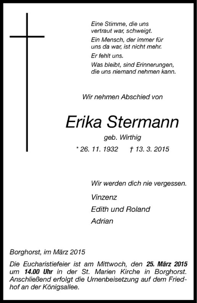  Traueranzeige für Erika Stermann vom 23.03.2015 aus Westfälische Nachrichten