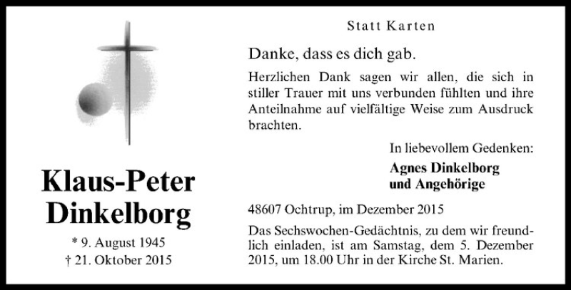  Traueranzeige für Klaus-Peter Dinkelborg vom 02.12.2015 aus Westfälische Nachrichten