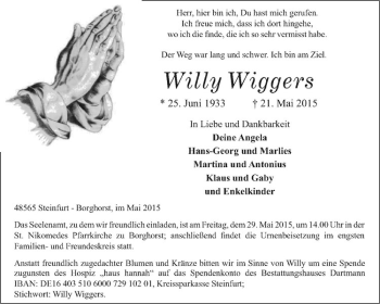 Anzeige von Willy Wiggers von Westfälische Nachrichten