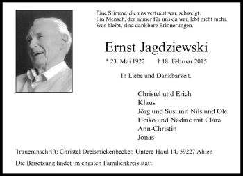 Anzeige von Ernst Jagdziewski von Westfälische Nachrichten