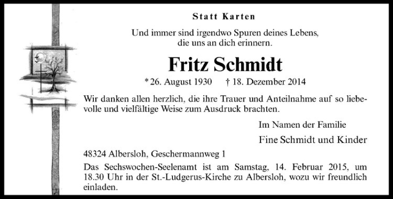  Traueranzeige für Fritz Schmidt vom 07.02.2015 aus Westfälische Nachrichten