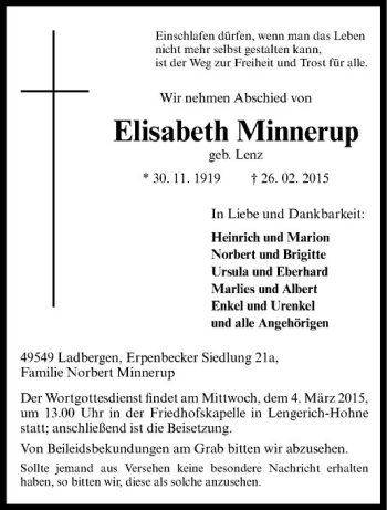 Anzeige von Elisabeth Minnerup von Westfälische Nachrichten