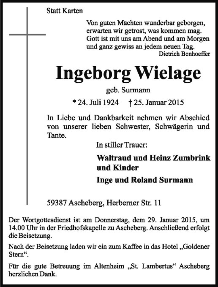  Traueranzeige für Ingeborg Wielage vom 27.01.2015 aus Westfälische Nachrichten
