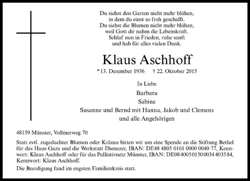  Traueranzeige für Klaus Aschhoff vom 31.10.2015 aus Westfälische Nachrichten