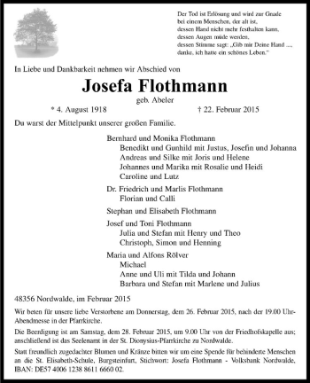 Anzeige von Josefa Flothmann von Westfälische Nachrichten