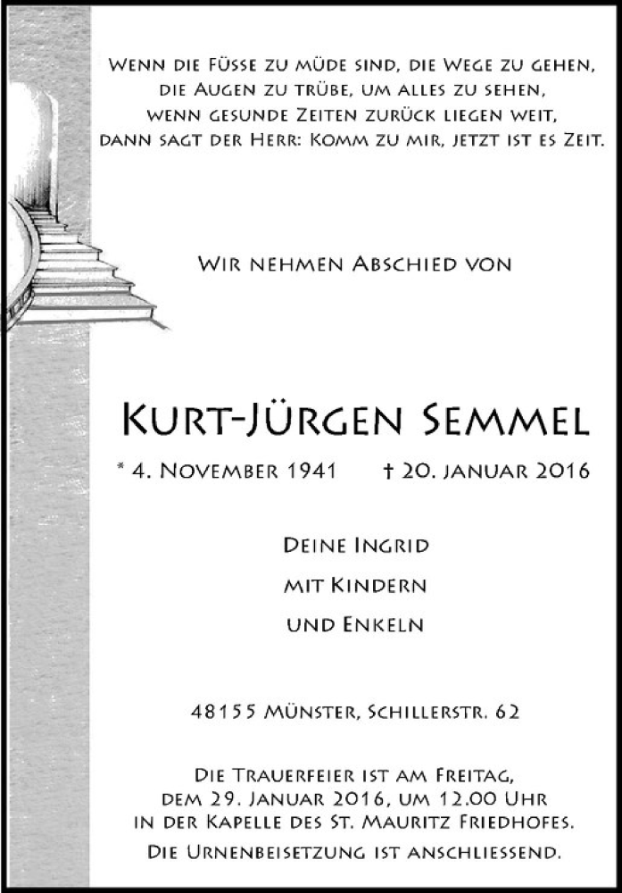  Traueranzeige für Kurt-Jürgen Semmel vom 23.01.2016 aus Westfälische Nachrichten
