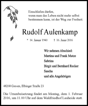 Anzeige von Rudolf Aulenkamp von Westfälische Nachrichten