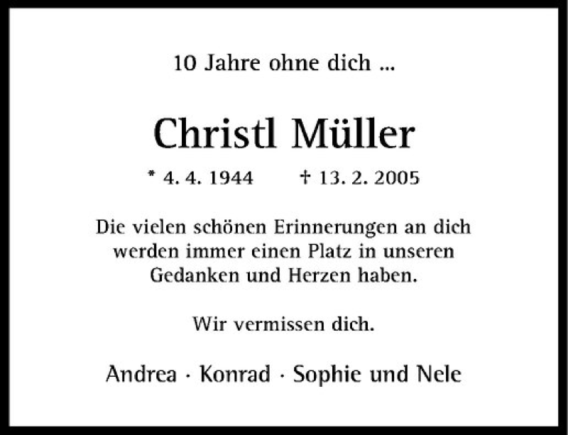 Traueranzeige für Christl Müller vom 13.02.2015 aus Westfälische Nachrichten
