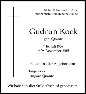 Anzeige von Gudrun Kock von Westfälische Nachrichten