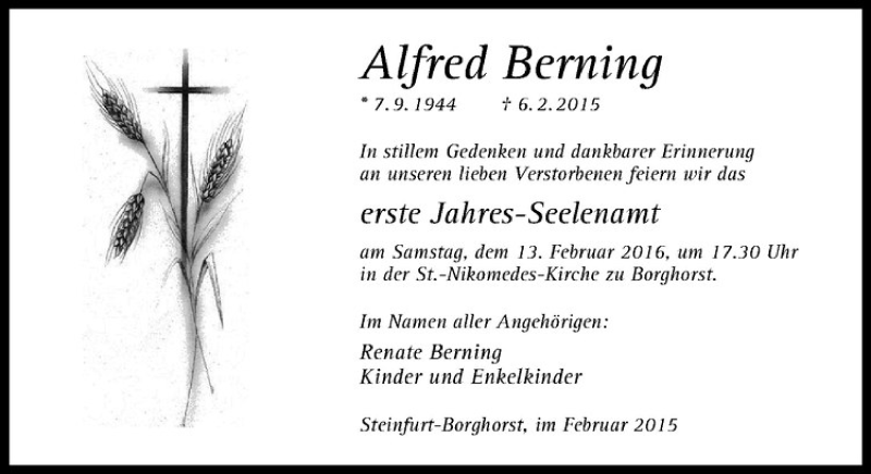  Traueranzeige für Alfred Berning vom 06.02.2016 aus Westfälische Nachrichten