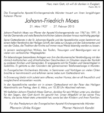 Anzeige von Johann-Friedrich Moes von Westfälische Nachrichten
