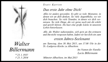 Anzeige von Walter Billermann von Westfälische Nachrichten