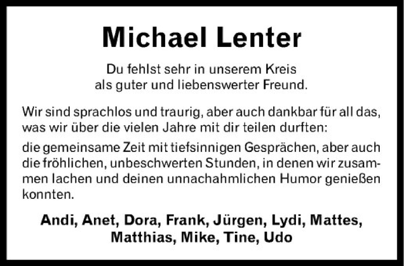  Traueranzeige für Michael Lenter vom 25.06.2014 aus Westfälische Nachrichten