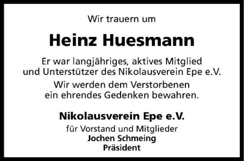  Traueranzeige für Heinz Huesmann vom 14.02.2015 aus Westfälische Nachrichten
