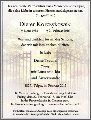 Anzeige von Dieter Korczykowski von Westfälische Nachrichten