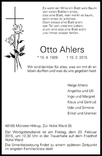 Anzeige von Otto Ahlers von Westfälische Nachrichten
