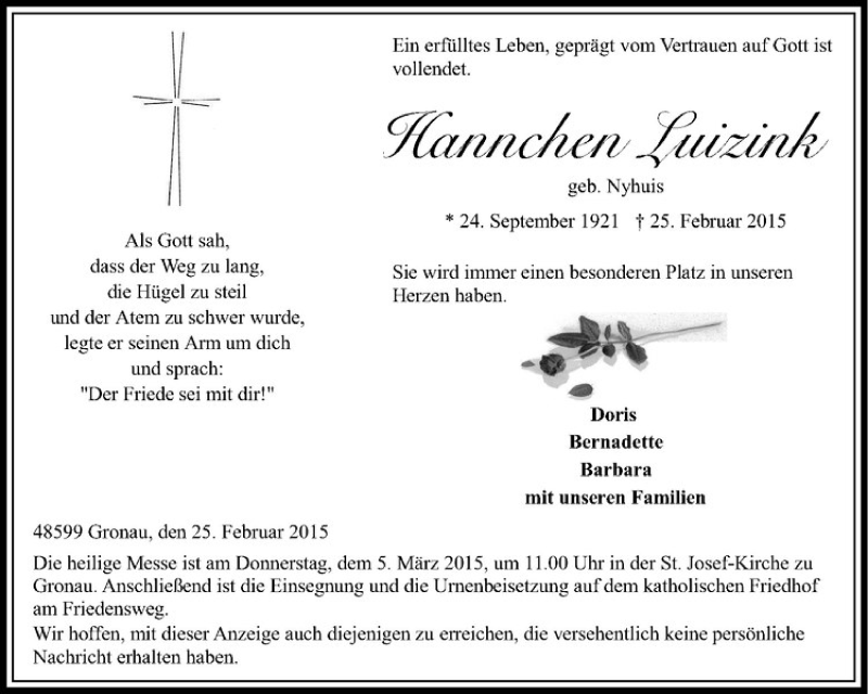  Traueranzeige für Hannchen Luizink vom 28.02.2015 aus Westfälische Nachrichten