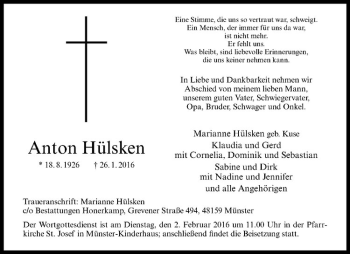 Anzeige von Anton Hülsken von Westfälische Nachrichten